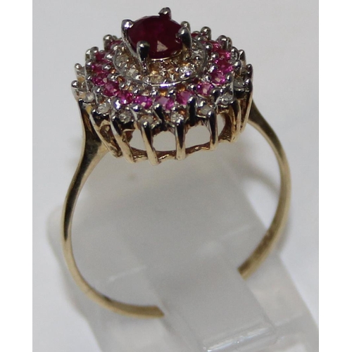 1130 - 9ct gold ruby and diamond cluster ring, partial hallmarks and XRF confirmed, approx size P, approx 2... 