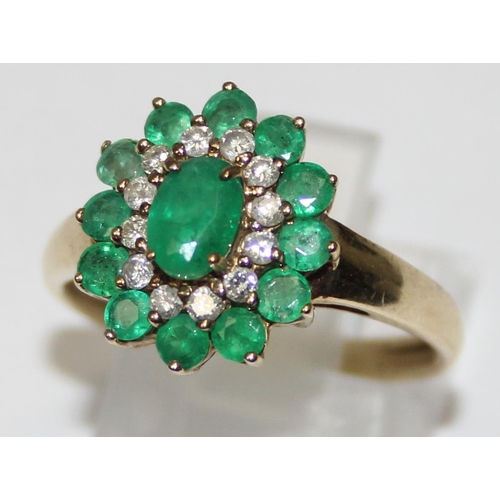 1131 - 9ct gold green stone and diamond cluster ring, full hallmarks and XRF confirmed, approx size O, appr... 