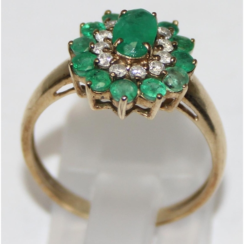 1131 - 9ct gold green stone and diamond cluster ring, full hallmarks and XRF confirmed, approx size O, appr... 