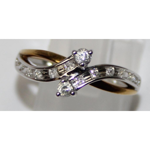 1135 - 9ct white and yellow gold diamond crossover ring, full hallmarks and XRF confirmed, approx size O, a... 