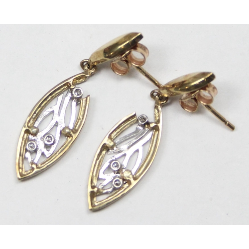 1140 - A pair of 9ct gold Art Nouveau style white and yellow gold earrings, each stem marked and XRF confir... 