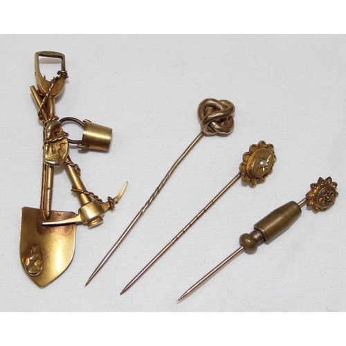 1162 - 3 19th century gold mounted stick pins, 2 9ct gold and one 15ct gold, and vintage yellow metal gold ... 