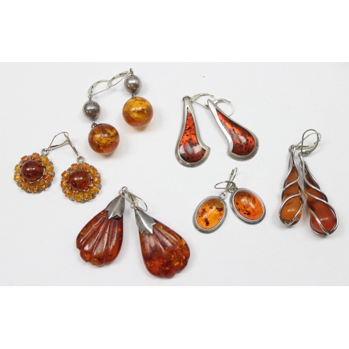 1164 - 6 pairs of silver and amber mounted earrings, all XRF confirmed