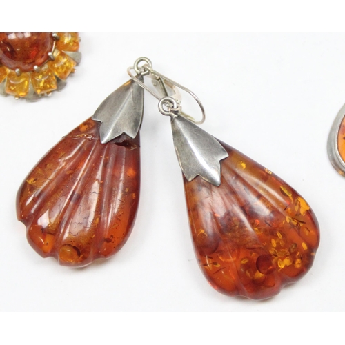 1164 - 6 pairs of silver and amber mounted earrings, all XRF confirmed