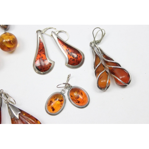 1164 - 6 pairs of silver and amber mounted earrings, all XRF confirmed