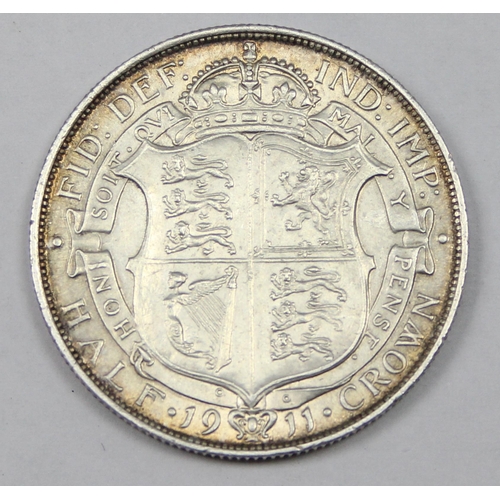 1208 - British silver coins, George V (1910-1936), 1911 silver half crown coin, high grade