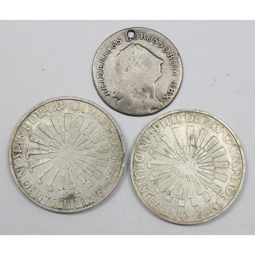 1211 - 2 German 1972 Olympics 10 Deutschmark coins, 0.625 silver and a 1777 6 Einen Reichs Thaler, Frederic... 