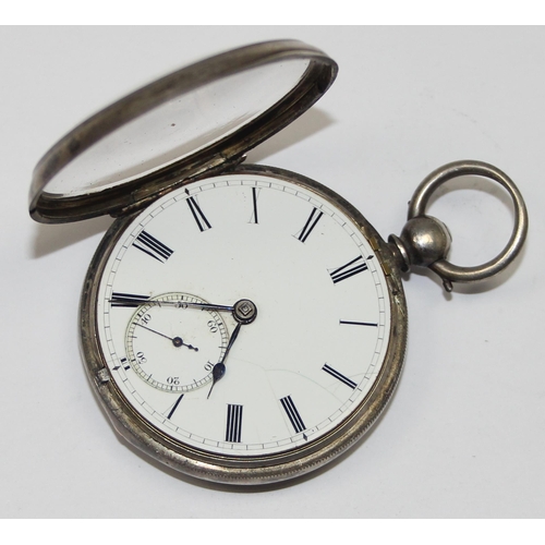 1300 - An antique silver cased pocket key wind watch with white enamel dial and Roman numerals, London 1872... 