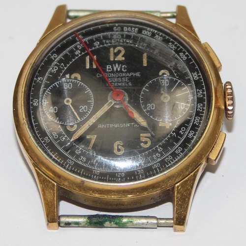 1303 - A rare vintage BWC of Switzerland Chronograph watch with luminous dial, 2 subsidiary dials and gold ... 