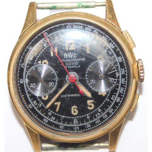 1303 - A rare vintage BWC of Switzerland Chronograph watch with luminous dial, 2 subsidiary dials and gold ... 