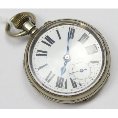 1312 - A vintage Railway Regulator pocket watch with white enamel dial and Roman numerals, nickel plated ca... 