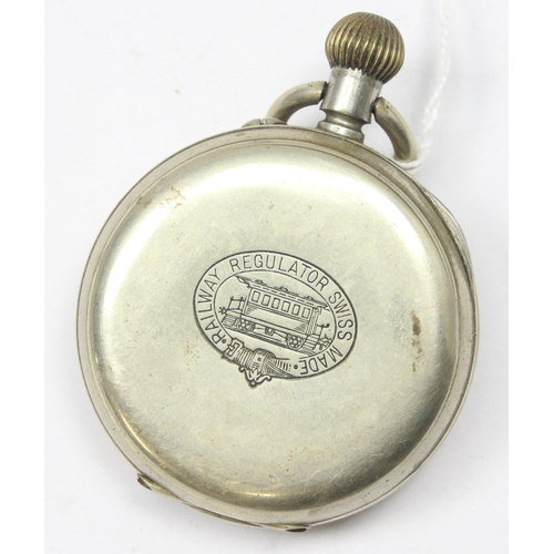 1312 - A vintage Railway Regulator pocket watch with white enamel dial and Roman numerals, nickel plated ca... 