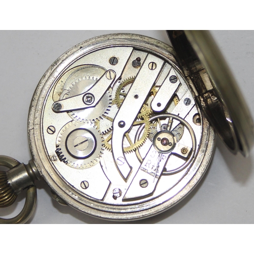 1312 - A vintage Railway Regulator pocket watch with white enamel dial and Roman numerals, nickel plated ca... 