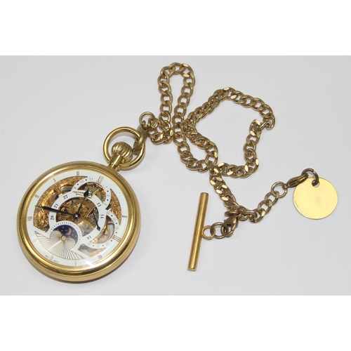 1323 - A modern but good quality gold plated open face pocket watch with mechanical skeleton movement and g... 