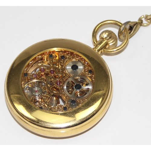 1323 - A modern but good quality gold plated open face pocket watch with mechanical skeleton movement and g... 