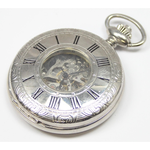 1324 - A modern but good quality silver plated half hunter cased pocket watch with mechanical skeleton move... 