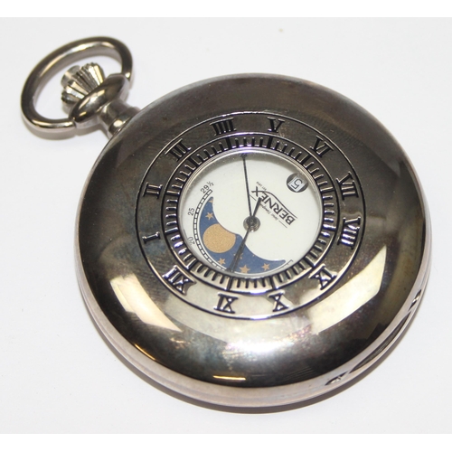 1325 - A modern but good quality silver plated half hunter cased pocket watch with moon phase dial and Quar... 