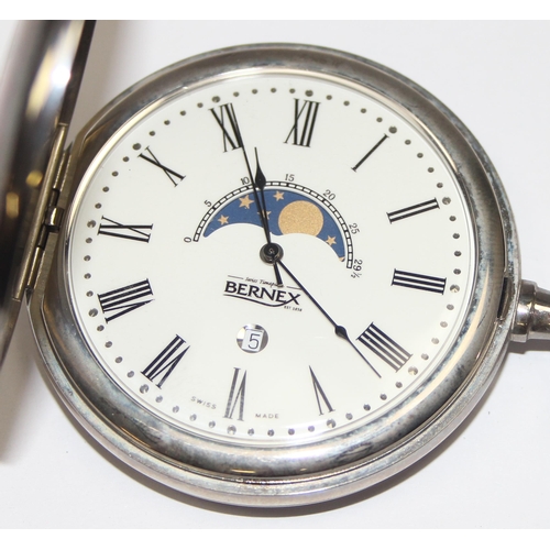 1325 - A modern but good quality silver plated half hunter cased pocket watch with moon phase dial and Quar... 