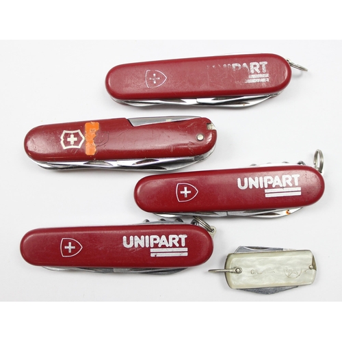 1418 - 5 assorted Swiss Army or penknives, 4 Victorinox (3 having Unipart advertising) and one with Caltex ... 