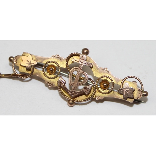 1419 - Victorian 9ct gold Royal Navy sweetheart brooch, Chester 1890, approx 3.09g gross