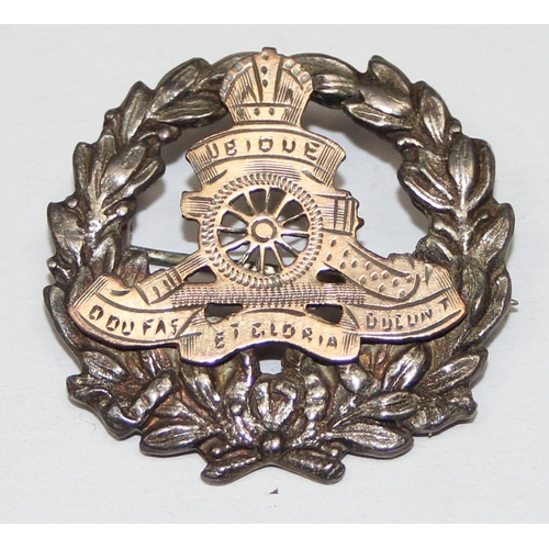 1420 - A silver and silver gilt WW1 period Royal Artillery sweetheart brooch, marked Sterling Silver