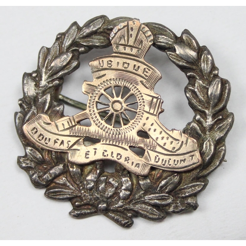 1420 - A silver and silver gilt WW1 period Royal Artillery sweetheart brooch, marked Sterling Silver