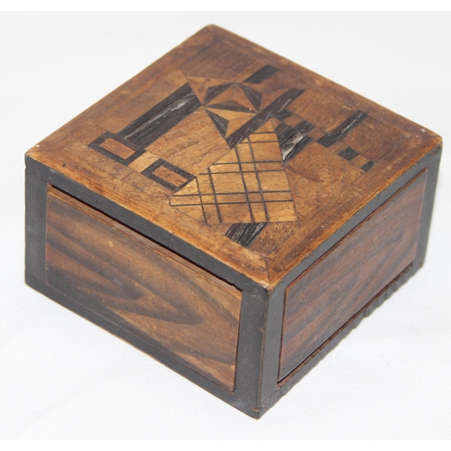 1671 - A small vintage Japanese wooden inlaid puzzle box, likely late Meiji period, approx 8cm square