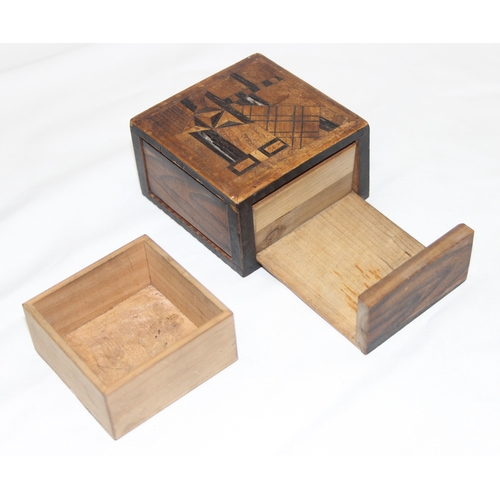 1671 - A small vintage Japanese wooden inlaid puzzle box, likely late Meiji period, approx 8cm square