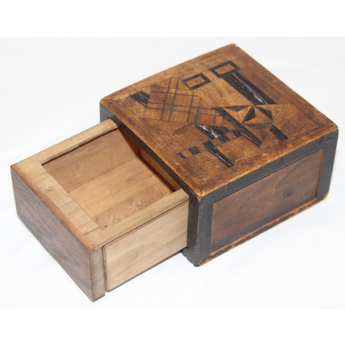 1671 - A small vintage Japanese wooden inlaid puzzle box, likely late Meiji period, approx 8cm square