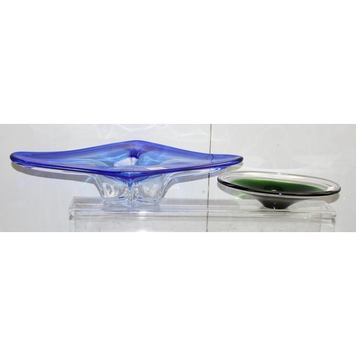 1751A - 2 pieces of heavy coloured art glass in the Murano style, blue centre piece measures approx 50cm