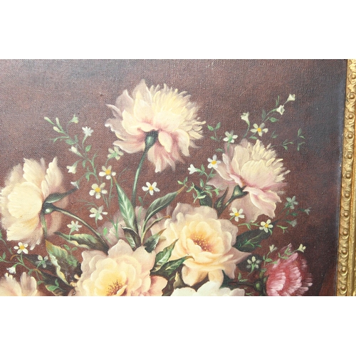 424A - Arthur Fidler (XX) still life oil on canvas of Peonies and other flowers in vase, in highly decorati... 