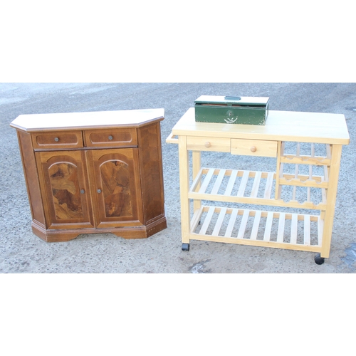 116A - An antique style hall table or cupboard, approx 96 W x 34 D x 80cm H, a modern lightwood kitchen or ... 