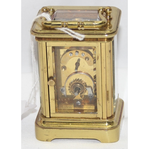 1334 - A rare antique miniature brass cased carriage clock in original leather case, likely late 19th centu... 