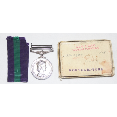 1427 - QE2 GSM medal with Arabian Clasp awarded to 23569989 Private A. Wood, Northamptonshire Regiment in o... 