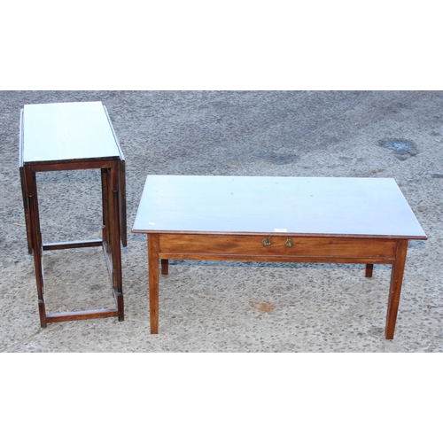 153 - A small antique dropleaf table, approx 89cm/ 29cm wide x 69cm deep x 62cm tall, and a low console st... 