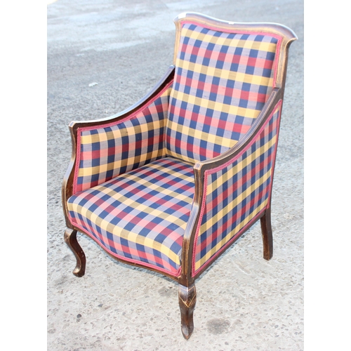 157 - An antique mahogany armchair with colourful fabric and satinwood stringing, approx 61cm wide x 68cm ... 