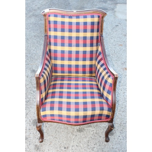 157 - An antique mahogany armchair with colourful fabric and satinwood stringing, approx 61cm wide x 68cm ... 