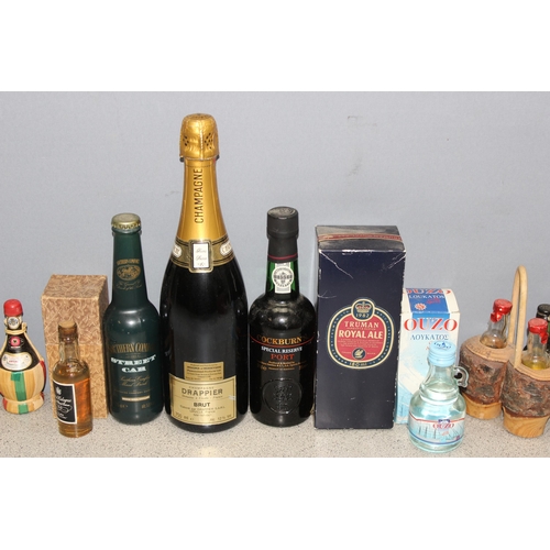 1677 - Qty of assorted bottled alcohol and miniatures to inc a bottle of Champagne