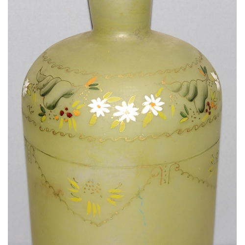 1680 - A large antique matt finished glass apothecary or laboratory bottle with later painted floral decora... 