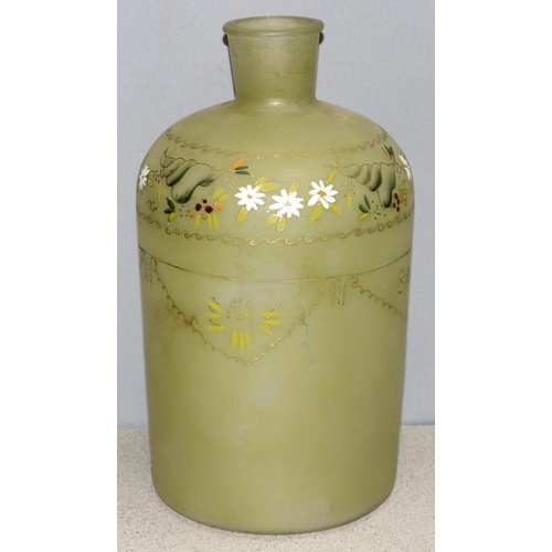 1680 - A large antique matt finished glass apothecary or laboratory bottle with later painted floral decora... 