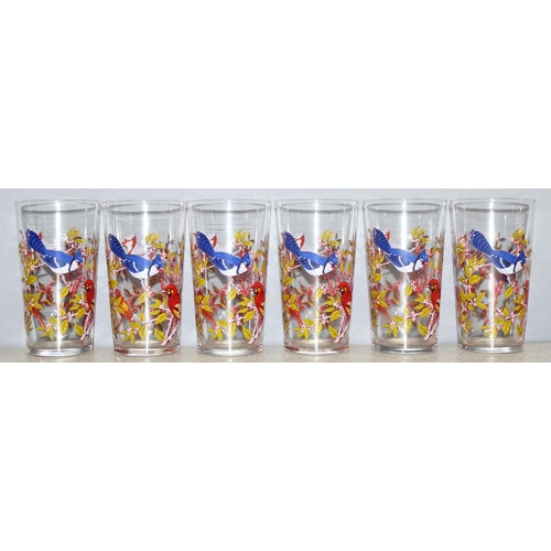 1681 - A set of 6 retro drinking glass tumblers each with colourful printed bird scenes, each approx 12cm t... 