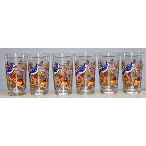 1681 - A set of 6 retro drinking glass tumblers each with colourful printed bird scenes, each approx 12cm t... 