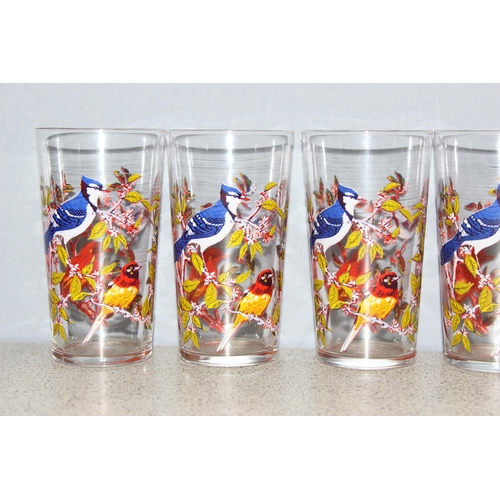 1681 - A set of 6 retro drinking glass tumblers each with colourful printed bird scenes, each approx 12cm t... 