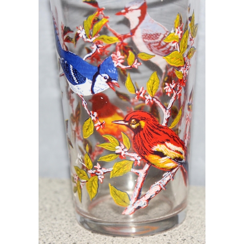 1681 - A set of 6 retro drinking glass tumblers each with colourful printed bird scenes, each approx 12cm t... 