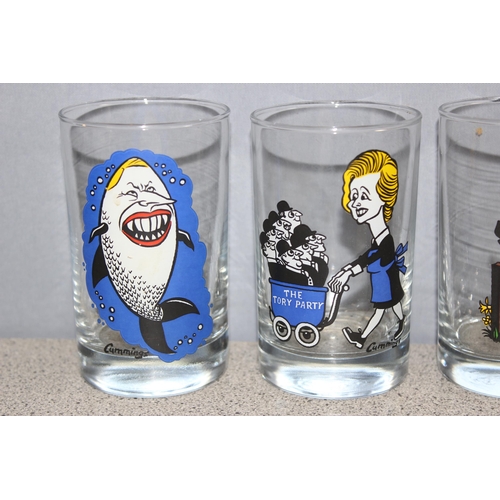 1682 - A set of 4 1980's political satire drinking glasses by Cummings, each approx 10.5cm tall