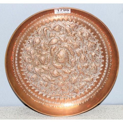 1796 - A superb quality vintage Indian embossed copper tray depicting birds and foliage, approx 28cm in dia... 