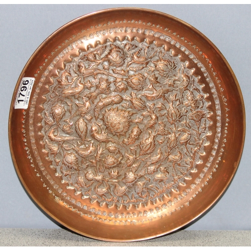 1796 - A superb quality vintage Indian embossed copper tray depicting birds and foliage, approx 28cm in dia... 