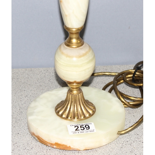 259 - A retro onyx or alabaster and gilt metal table lamp, with shade, approx 68cm tall