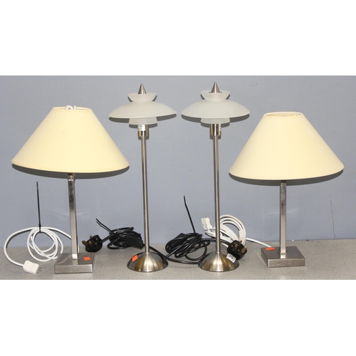 262 - 2 pairs of modern chrome table lamps, 4 in total, all with shades, approx 50cm & 44cm tall