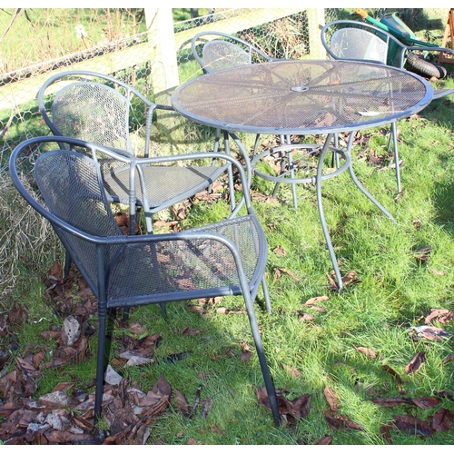 316 - Black metal garden bistro table and 4 chairs, the table approx 100cm in diameter